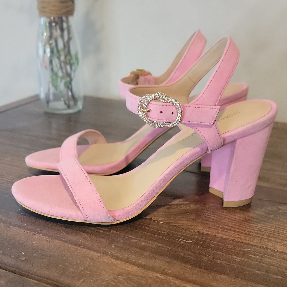 Stuart Weitzman Crystal Buckle 75 Block Heel. Size 5.Pink. NWOB